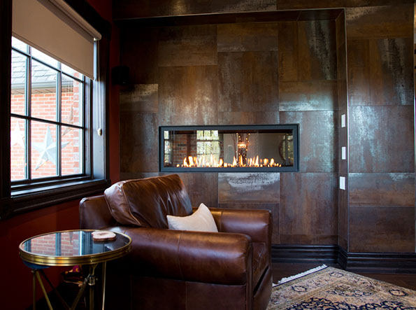 Fireplace with tile surround.
